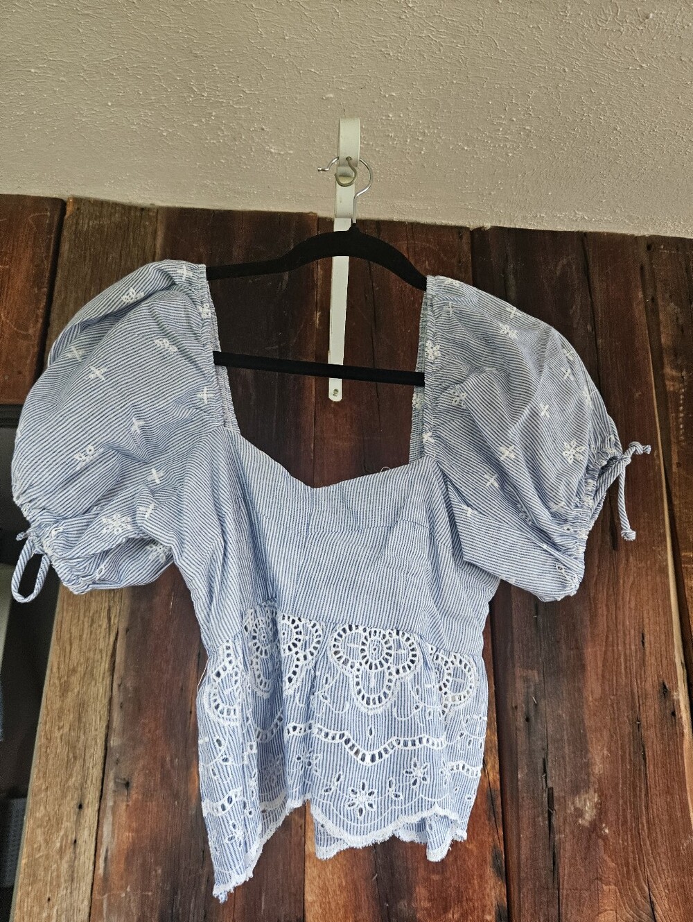 Blue Striped Puff Sleeve Eyelet Top